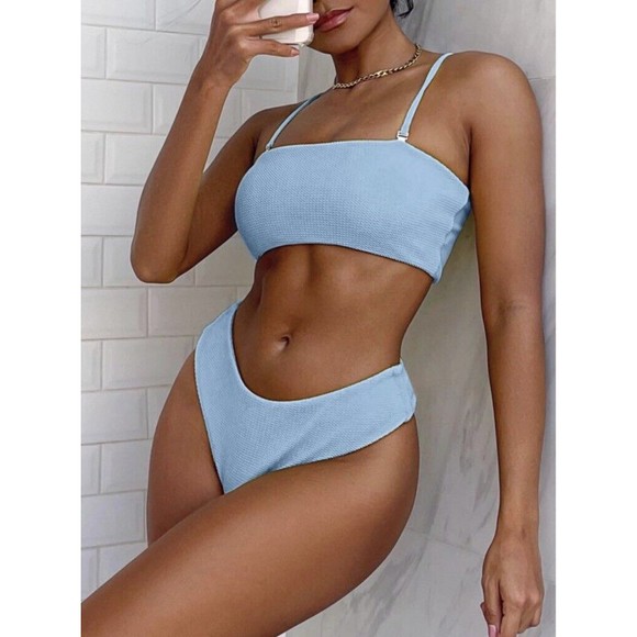 NWT ZAFUL‎ Textured Padded Set Straps Bandeau Day Sky Blue Bikini Size 4 Small - Picture 8 of 8